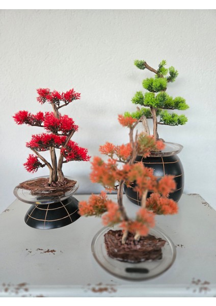 El Yapımı Epoksi Tabanlı Bonsai Ağaç Dekoru – 3 Renk Seçeneği (Yeşil, Kırmızı, Turuncu)