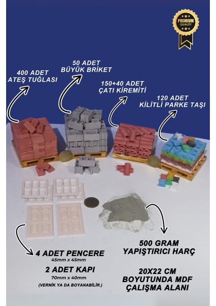 Gerçekçi Minyatür İnşaat Seti 1/16 Ölçek -Tuğla, Briket, Kiremit, Çatı, Parke, Kilitli Taş, Minyatür