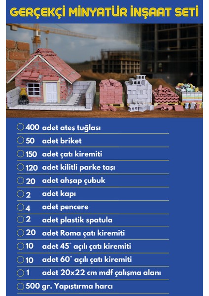 Gerçekçi Minyatür İnşaat Seti 1/16 Ölçek -Tuğla, Briket, Kiremit, Çatı, Parke, Kilitli Taş, Minyatür
