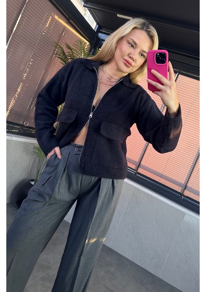 Siyah Fermuarlı Cep Detaylı Sakallı Hırka fiyatları