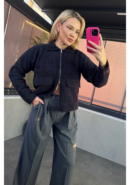 Siyah Fermuarlı Cep Detaylı Sakallı Hırka modelleri