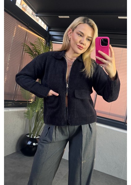 Siyah Fermuarlı Cep Detaylı Sakallı Hırka indirimleri