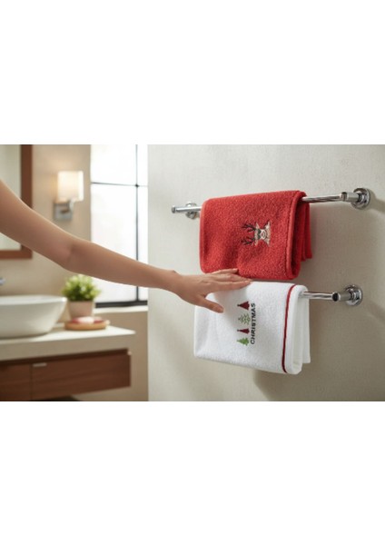 2’li Yılbaşı Temalı %100 Pamuk Havlu Seti – Noel Baba ve Geyik Işlemeli, Waffle Dokuma El Havlusu, Nakışlı Mutfak ve Banyo Havlusu, Hediyelik Yılbaşı Süslemeli Havlu Seti