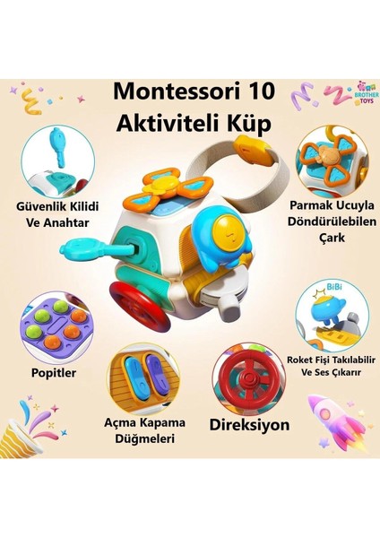 10 Aktiviteli Eğitici Çok Amaçlı Aktivite Küpü Montessori Oyuncak 15 Cm.