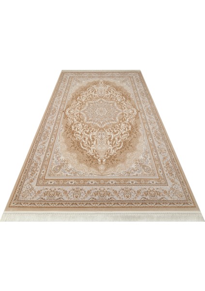 Lübna 01 Beıge Bambu ve Viskon Kullanılarak Üretilen Klasik Desenli Şık, Zarif Salon Halısı