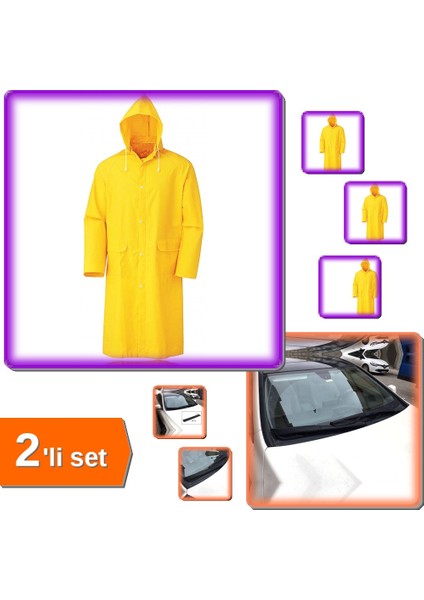 Kapşonlu Cepli Standart Beden 2xl Lüx Yağmurluk Sarı + 2 Adet Silecek Koruma Kılıfı - 2li Set J4U7T5