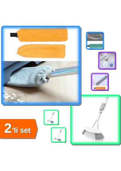 Saplı Mikrofiber Başlıklı Girintili Yüzey Temizleme Mopu + Lavabo Temizleme Fırçası - 2li Set J5D0S0