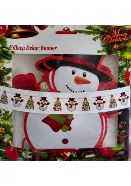 Yılbaşı Dekoratif Kardan Adam Ağaç Banner Duvar Süsü 10LU Tek Tarafı Baskılıdır 18X12 cm 2 Metre