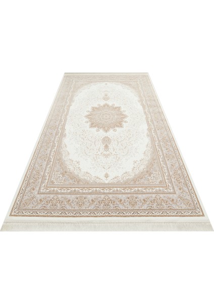 Lübna 01 Cream Bambu ve Viskon Kullanılarak Üretilen Klasik Desenli Şık, Zarif Salon Halısı