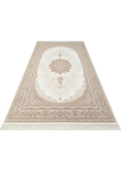Lübna 01 Cream Bambu ve Viskon Kullanılarak Üretilen Klasik Desenli Şık, Zarif Salon Halısı
