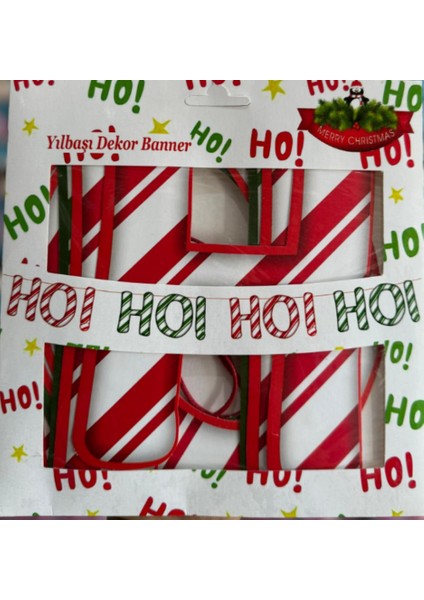 Yılbaşı Dekoratif Ho Ho Ho Banner Duvar Süsü 12 Harf Tek Tarafı Baskılıdır ) 18X12 cm 2 Metre