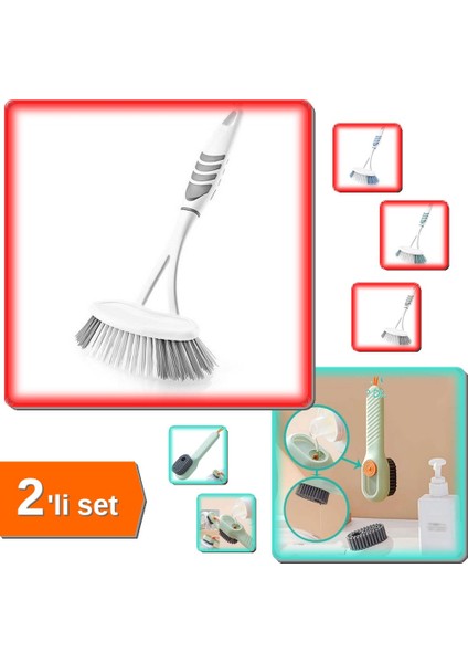 Ergonomik Lavabo ve Küvet Temizleme Fırçası + Deterjan Hazneli Ayakkabı Bot Fırçası - 2li Set J6B9Q5