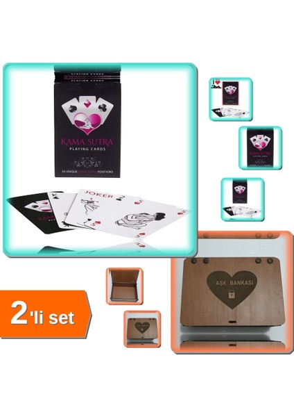 Kamasutra Oyun Kartları + Aşk Bankası Ahşap Hediye Kutusu - Sevgiliye Hediye - 2li Set P9J2K6