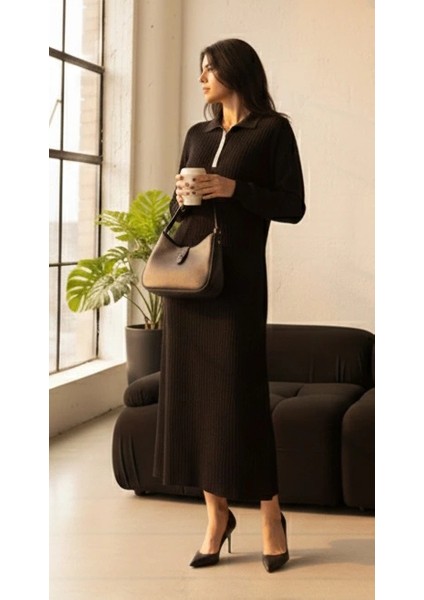 Pantolon Yırtmaçlı Elbise Ikili Triko Takım Siyah Elf