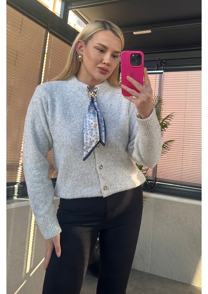 Fular Detaylı Gri Hırka modelleri