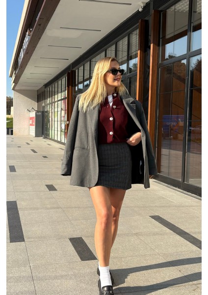 Bordo Gümüş Düğmeli Hırka