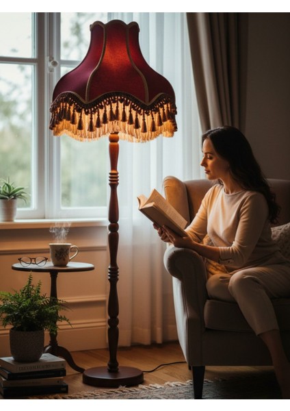 Bordo Vintage Lambader Kadife Kumaş Kaplama Ahşap Ayak LM66544