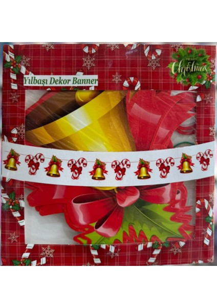 Yılbaşı Dekoratif Çan Baston Şeker Banner Duvar Süsü Tek Tarafı Baskılıdır 18X12 cm 2metre