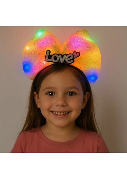 LED Işıklı Love Yazılı Sarı Fiyonk Taç – Kız Çocuk Parti Tacı