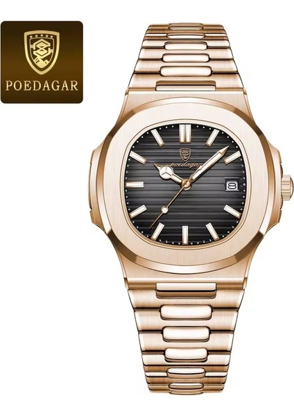 Lüks Rose Gold Tasarım Erkek Kol Saati - Siyah Kadran, Fosforlu, Takvimli, 3 Atm Su Geçirmez Saat