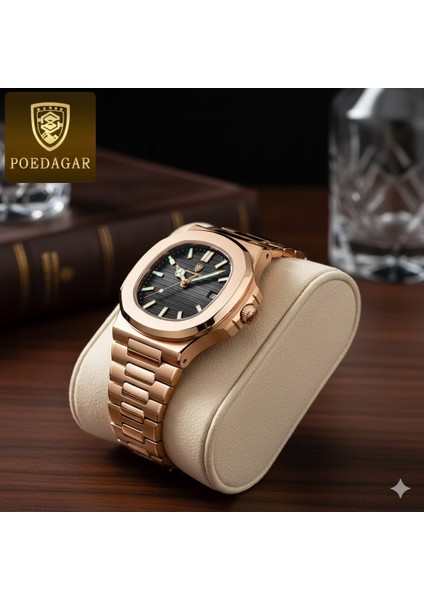Lüks Rose Gold Tasarım Erkek Kol Saati - Siyah Kadran, Fosforlu, Takvimli, 3 Atm Su Geçirmez Saat fiyatları