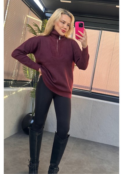 Bordo Fermuarlı Sakallı Kazak