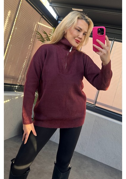 Bordo Fermuarlı Sakallı Kazak indirimleri