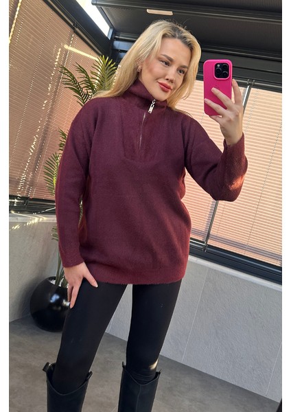 Bordo Fermuarlı Sakallı Kazak