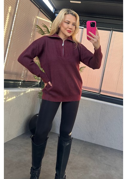 Bordo Fermuarlı Sakallı Kazak