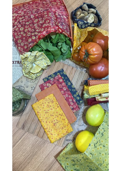 4'lü Karışık Desen Kumaş Tekrar Kullanılabilen Doğal Balmumlu (Balmumu) Gıda Saklama Bezi Orta Boy modelleri