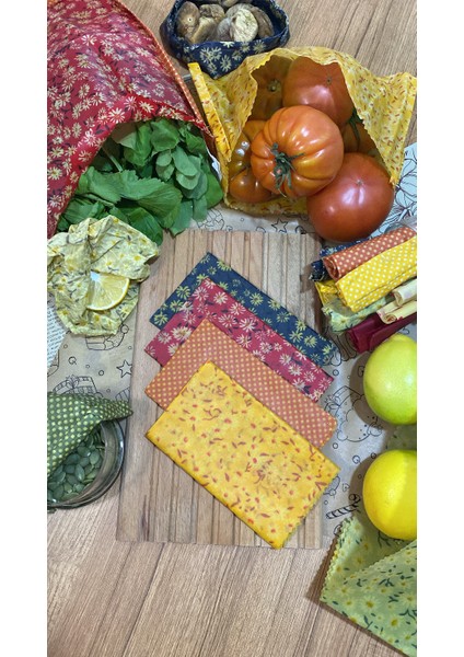 4'lü Karışık Desen Kumaş Tekrar Kullanılabilen Doğal Balmumlu (Balmumu) Gıda Saklama Bezi Orta Boy fırsatları
