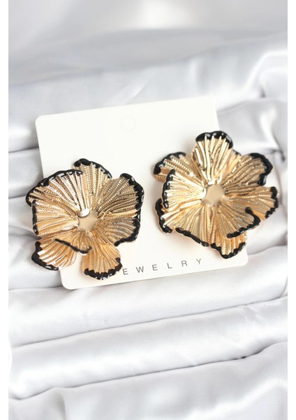 Bfs Pirinç Gold Renk Siyah Mine Detaylı Lotus Kadın Küpe