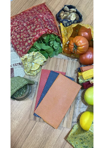 3'lü Karışık Desen Kumaş Tekrar Kullanılabilen Doğal Balmumlu (Balmumu) Gıda Saklama Bezi Büyük Boy modelleri