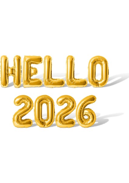 Yılbaşı Hello 2026 Gold Renk Rakam Folyo Balon Küçük Boy 36 cm 1 Set
