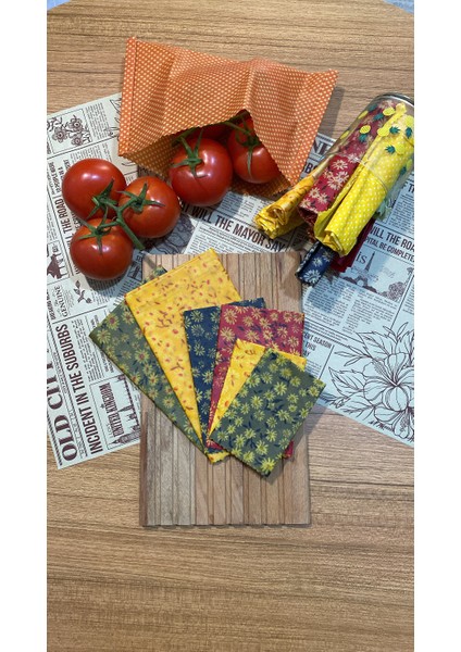 6'lı Puantiye Desen Kumaş Tekrar Kullanılabilen Doğal Balmumlu (Balmumu) Gıda Saklama Bezi modelleri