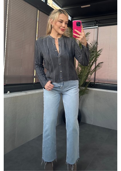 Simli Ince Dokuma Detaylı Antrasit Triko Hırka