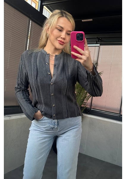 Simli Ince Dokuma Detaylı Antrasit Triko Hırka indirimleri