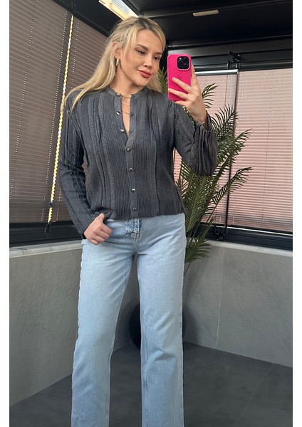 Simli Ince Dokuma Detaylı Antrasit Triko Hırka