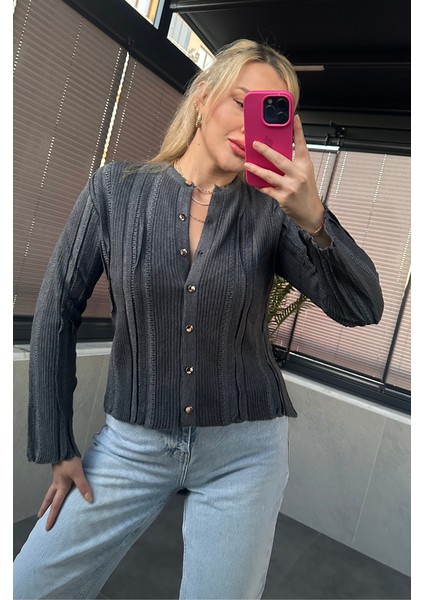 Simli Ince Dokuma Detaylı Antrasit Triko Hırka