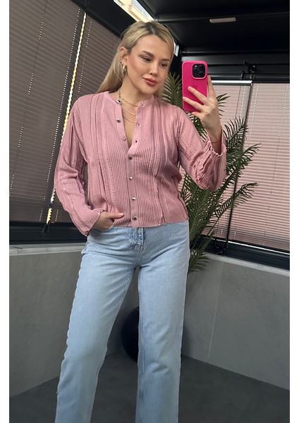Simli Ince Dokuma Detaylı Pembe Triko Hırka