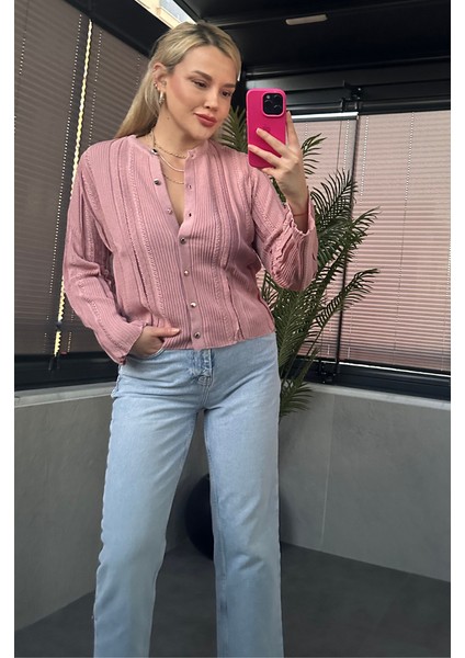 Simli Ince Dokuma Detaylı Pembe Triko Hırka modelleri