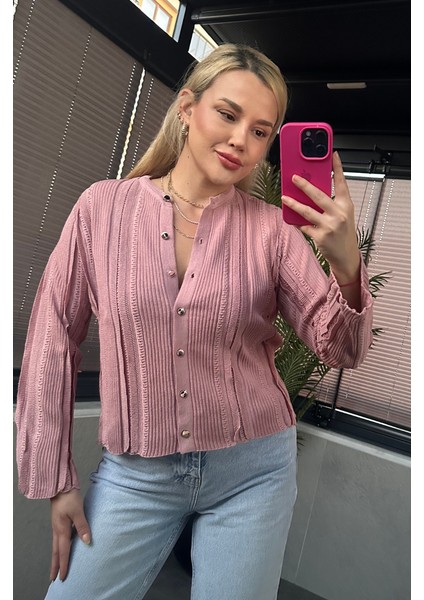 Simli Ince Dokuma Detaylı Pembe Triko Hırka fırsatları