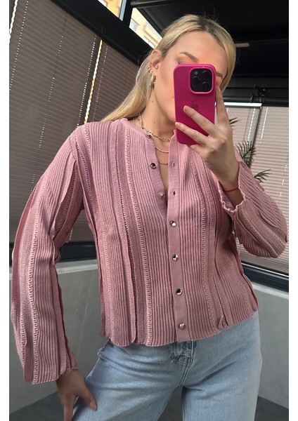 Simli Ince Dokuma Detaylı Pembe Triko Hırka indirimleri