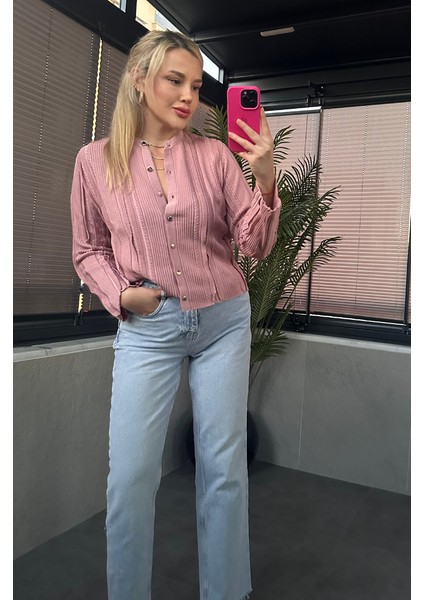 Simli Ince Dokuma Detaylı Pembe Triko Hırka