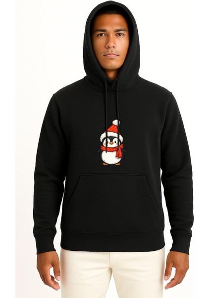 Kapüşonlu Yılbaşı Penguen Christmas Göğüs Baskılı Unisex Sweatshirt