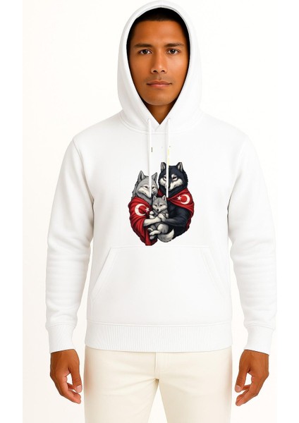 Kapüşonlu Anne - Baba ve Çocuk Turan Kurt ve Türk Bayrağı Göğüs Baskılı Unisex Sweatshirt
