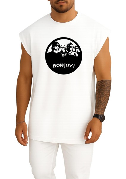Oversize Bon Jovi Amerikan Rock Göğüs Baskılı Atlet