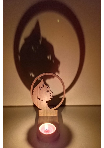 Tek Duran Kedi Figür Kahverengi Ahşap Gölge Mumluk Projeksiyon Biblo – Mum Hediyeli Kete2