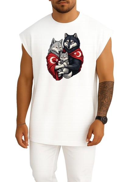 Oversize Anne - Baba ve Çocuk Turan Kurt ve Türk Bayrağı Göğüs Baskılı Atlet