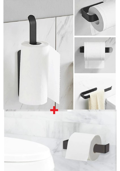 2 Li Set Mat Siyah Metal Kağıt Havlu Askısı ve Tuvalet Kağıtlığı Vida Veya Yapıştırmal